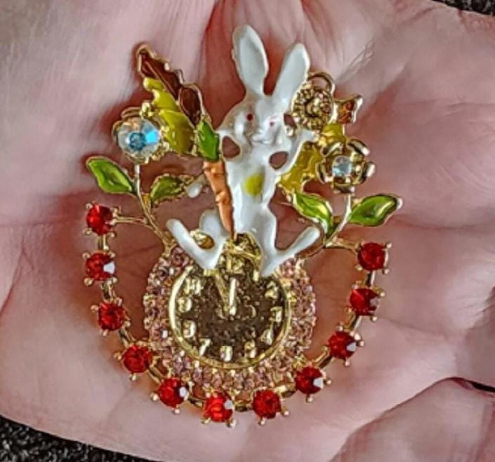 White Rabbit On A Pocket Watch Brooch Faux Crystal and Enamel Whimsical